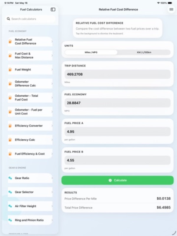 Fuel Calculators: MPG & Cost App Store ipad screenshot 1