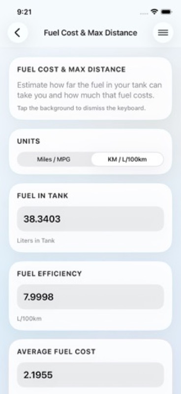 Fuel Calculators: MPG & Cost App Store iphone screenshot 1