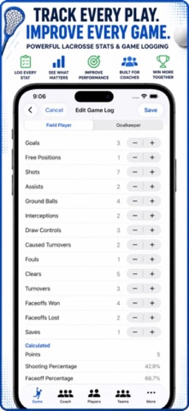 LaCrosse Player,Coach Tracker App Store iphone screenshot 1