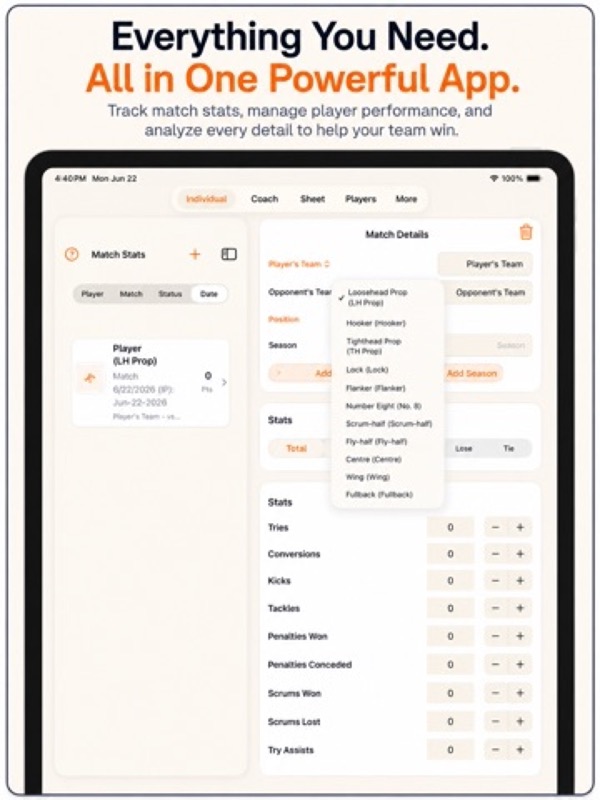 Rugby+ Match Stats Scorebook App Store ipad screenshot 2